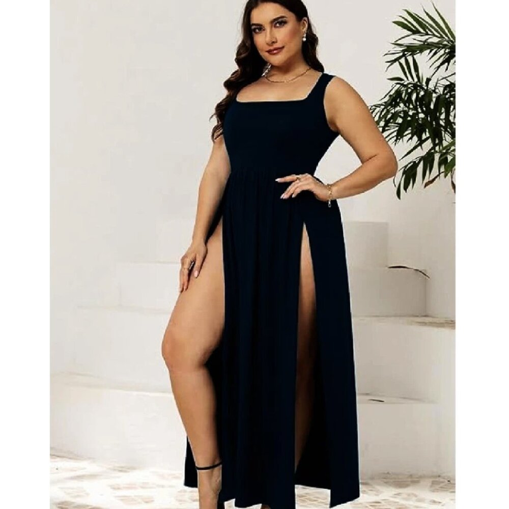 SILUI Women's Square Neck Double High Slit Summer 2025 Sexy Sundresses - Picture 4 of 4